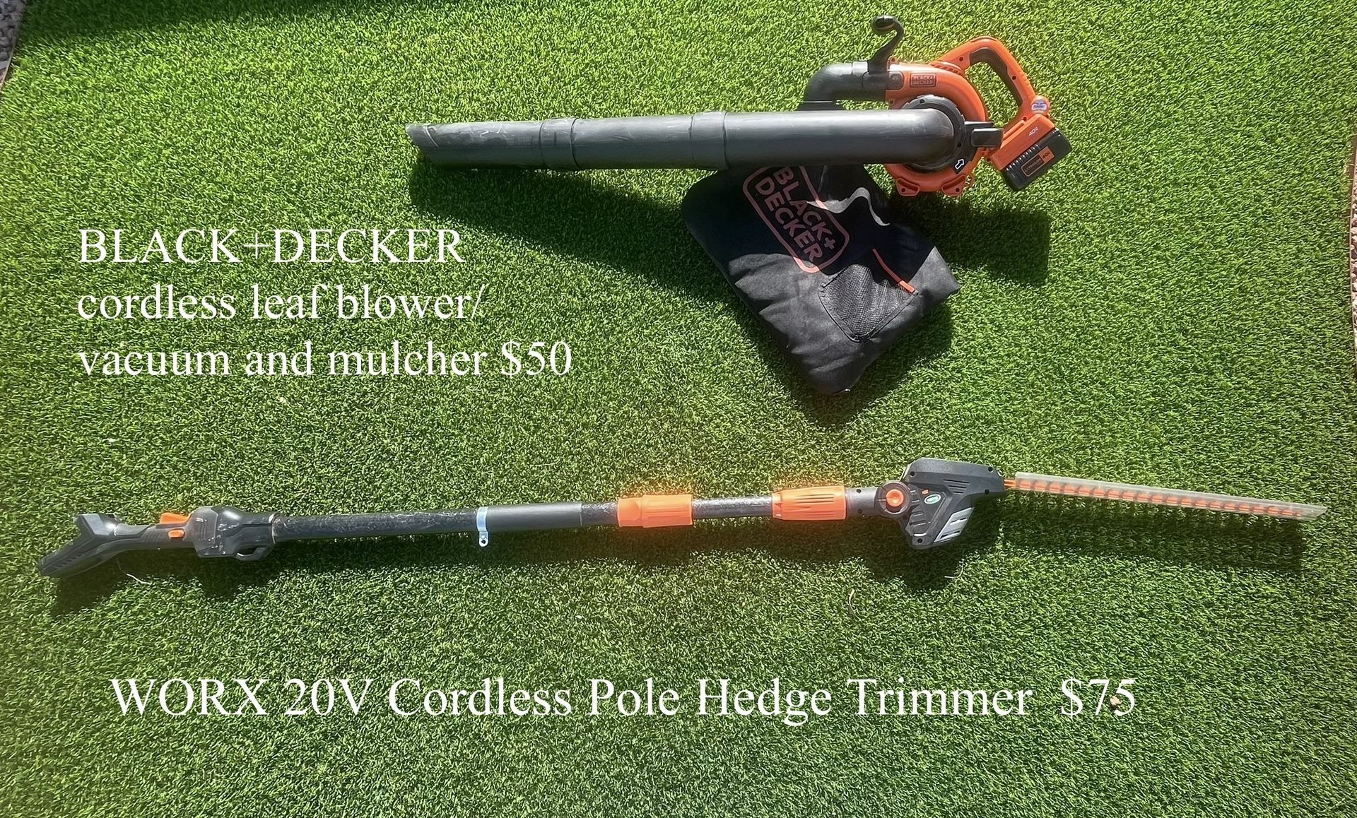 WORX 20V Cordless Pole Hedge Trimmer And BLACK DECKER cordless leat blowers vacuum and mulcher