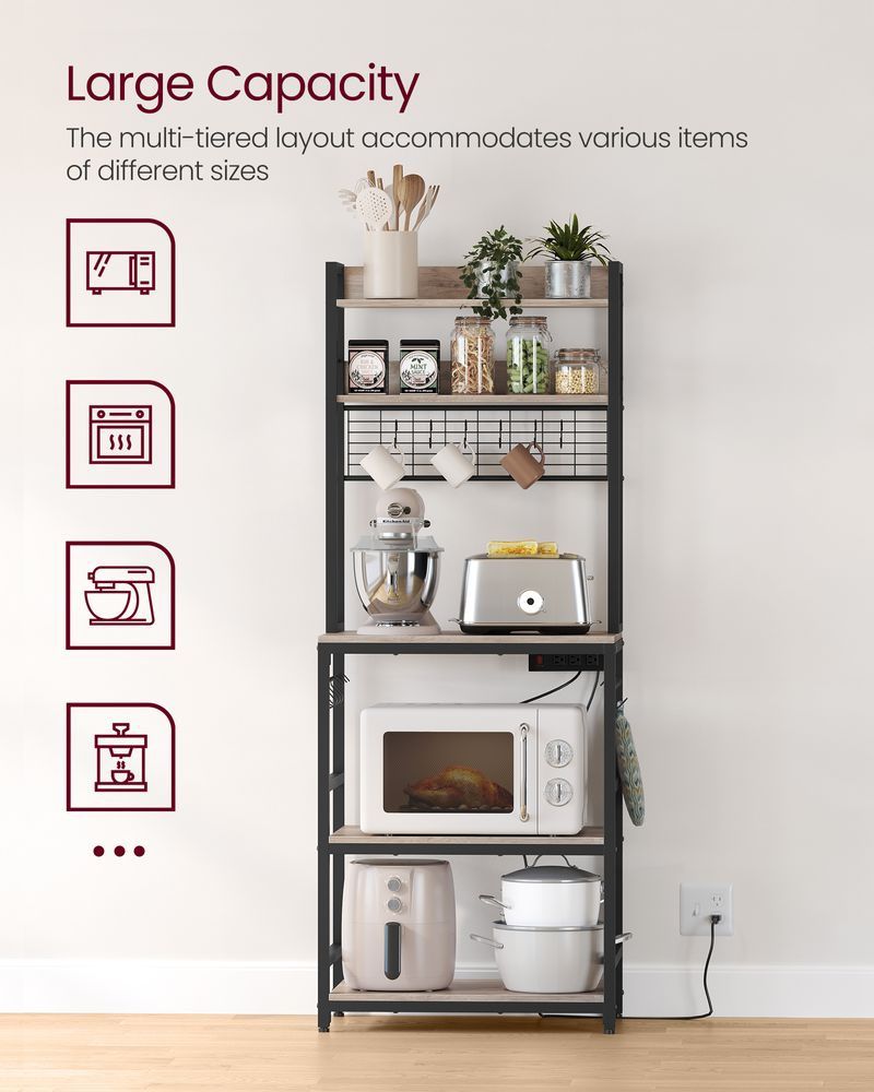 UKKS037B02 VASAGLE Hutch Bakers Rack with Power Outlet, 14 Hooks Microwave Stand