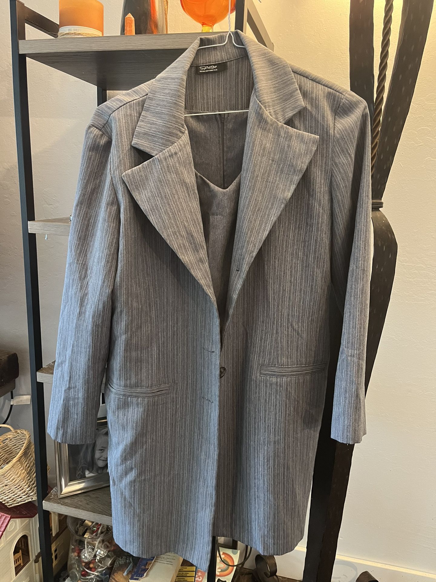 SPAGO Vintage 90s Gray 2 piece jacket & dress pinstripe suit *looks like size XL