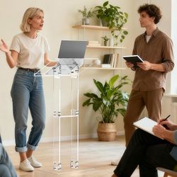 Clear Acrylic Podium Stand: Tall Lectern with Shelf and Large Base Modern Pulpit for Church Classroom