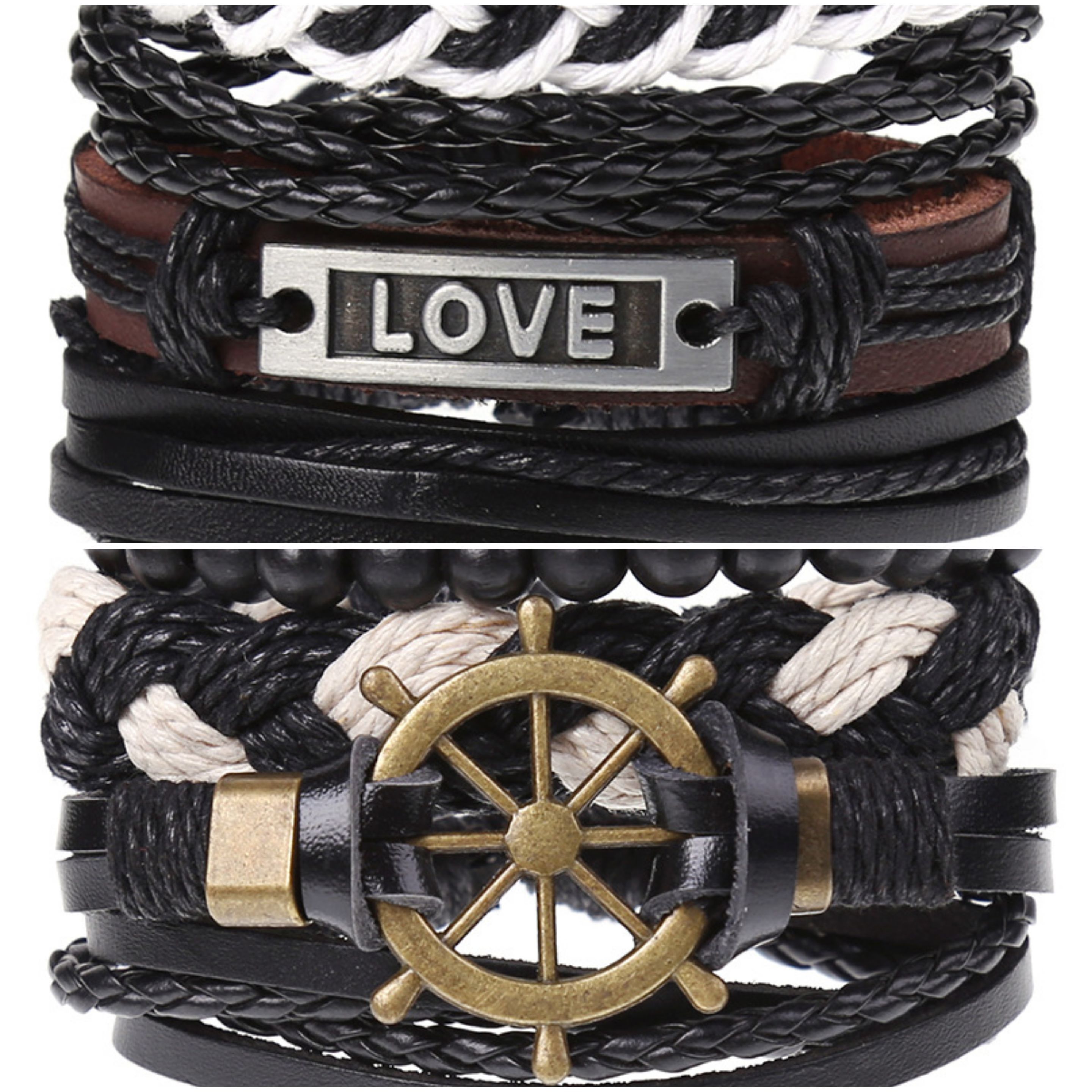 2 x Set Adjust. Size up to 9.5inc Leather Bracelet, (Love-Ship Rudder)