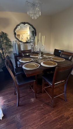Dark Wood Counter Height Dining Table with 6 Chairs