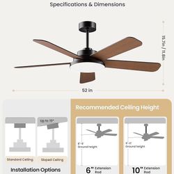Ceiling Fans with Lights and Remote Control 52 Inch, 6 Speeds, 5 Blades, 2844 LM, 3CCT Dimmable LED, Reversible DC Motor, Black Quick-Fit Low Profile 