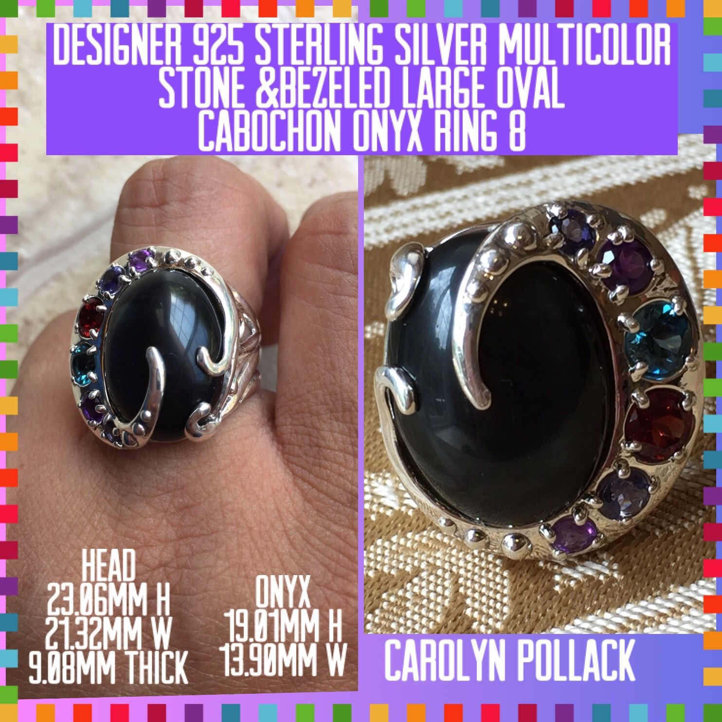 Carolyn Pollack 925 Sterling Silver Onyx & Multicolor Stone Ring 8