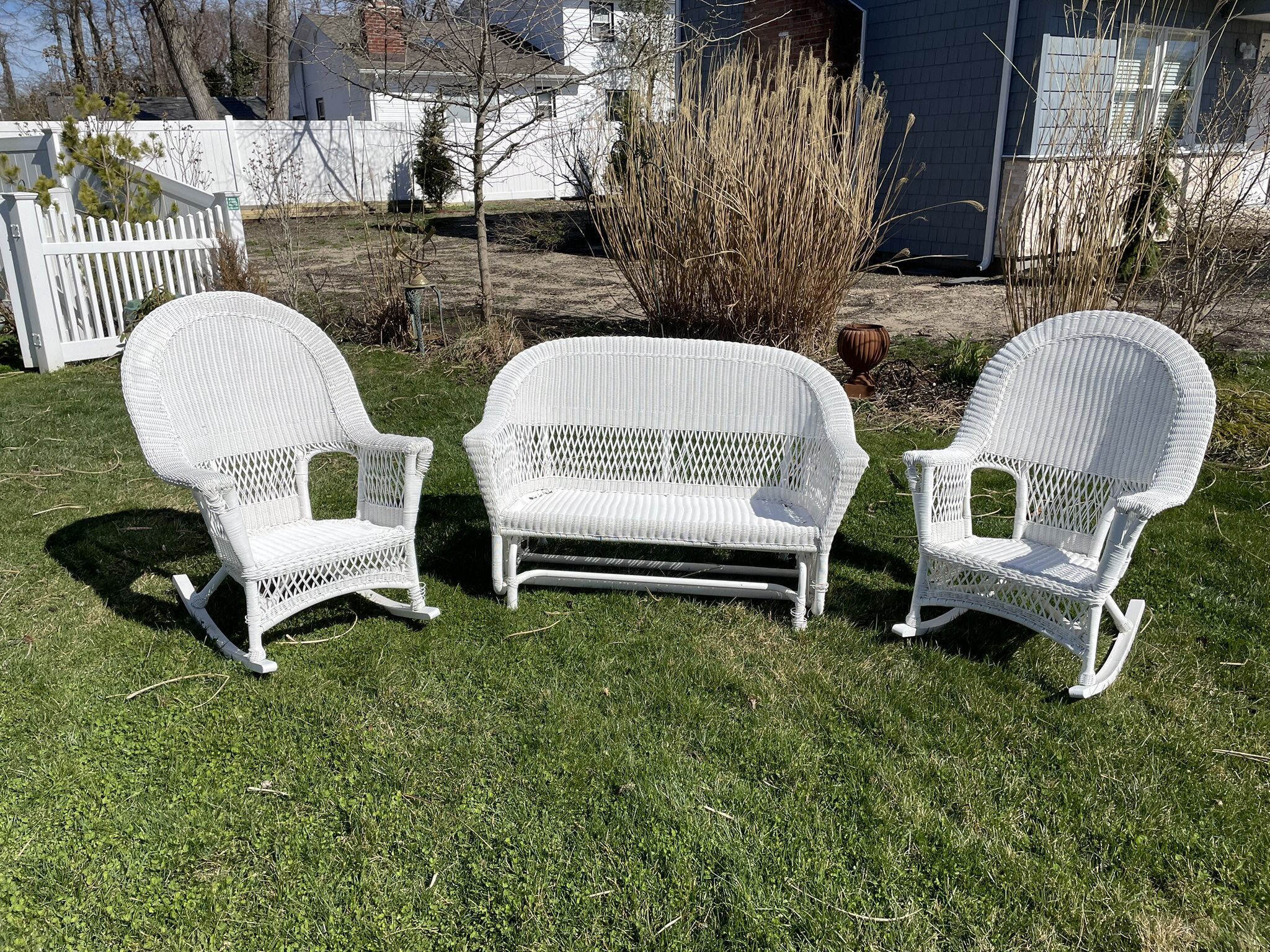 Resin Wicker Loveseat Glider with 2 Matching Rocking Chairs