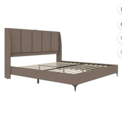 New In Box Lamora Upholstered Wingback Bed Frame with USB, King, Taupe Linen