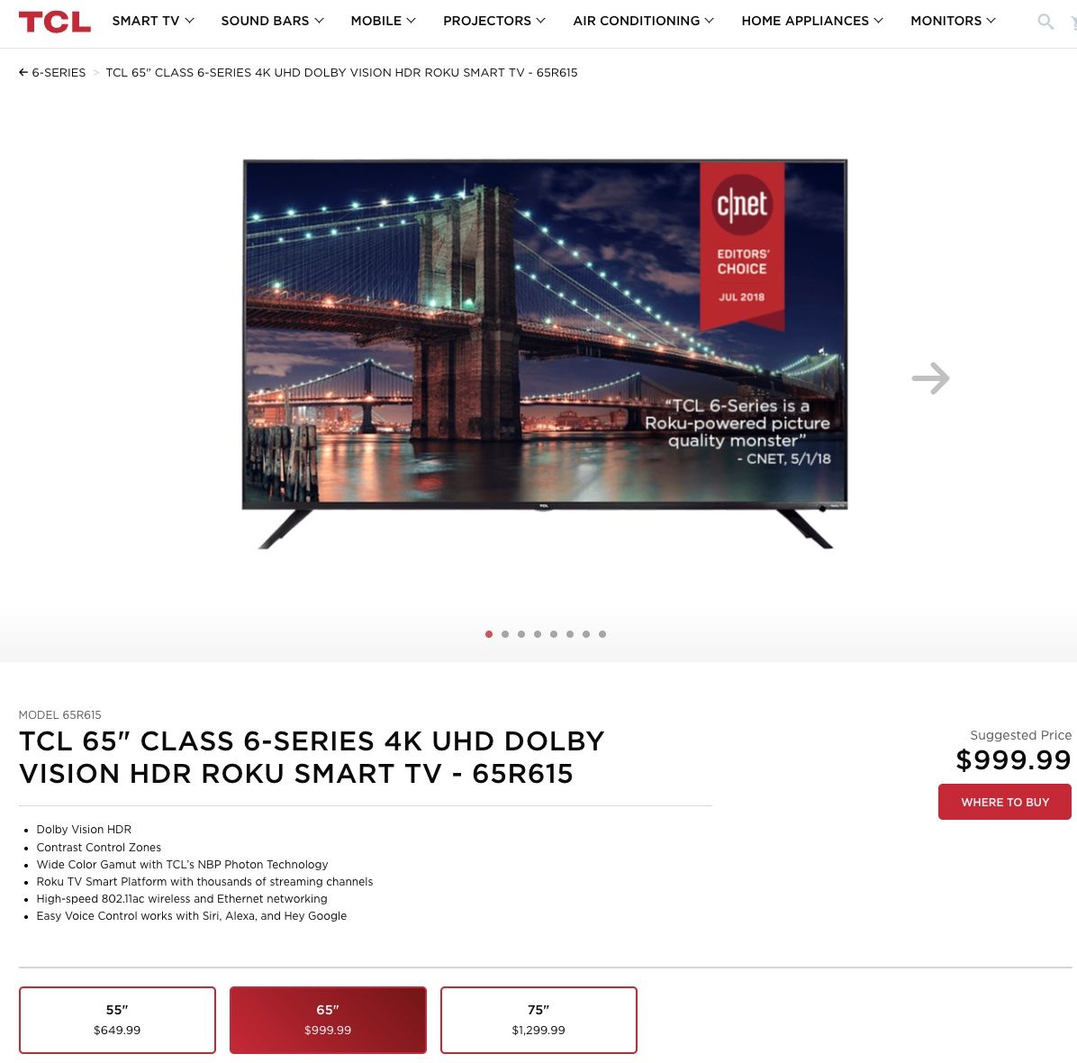 TCL 65" Class 6-Series 4K UHD Dolby Vision HDR Roku Smart TV - 65R615