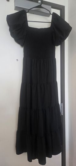 Black Smocked Puff Sleeve Midi Dress