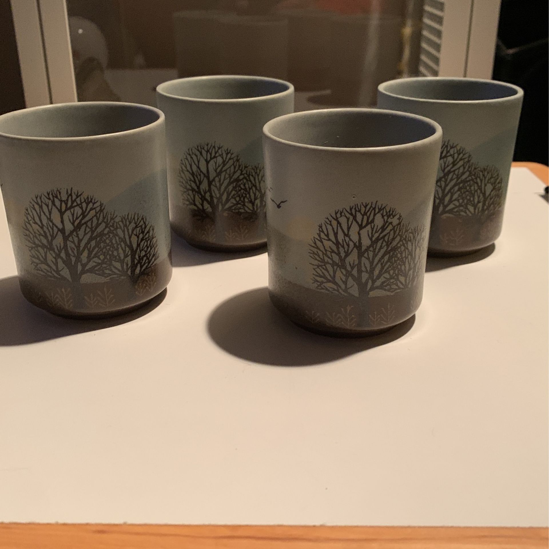 Set Of 4 Vintage Otagiri Stoneware Sake/Tea Cups Trees Birds W/ Original Stickers