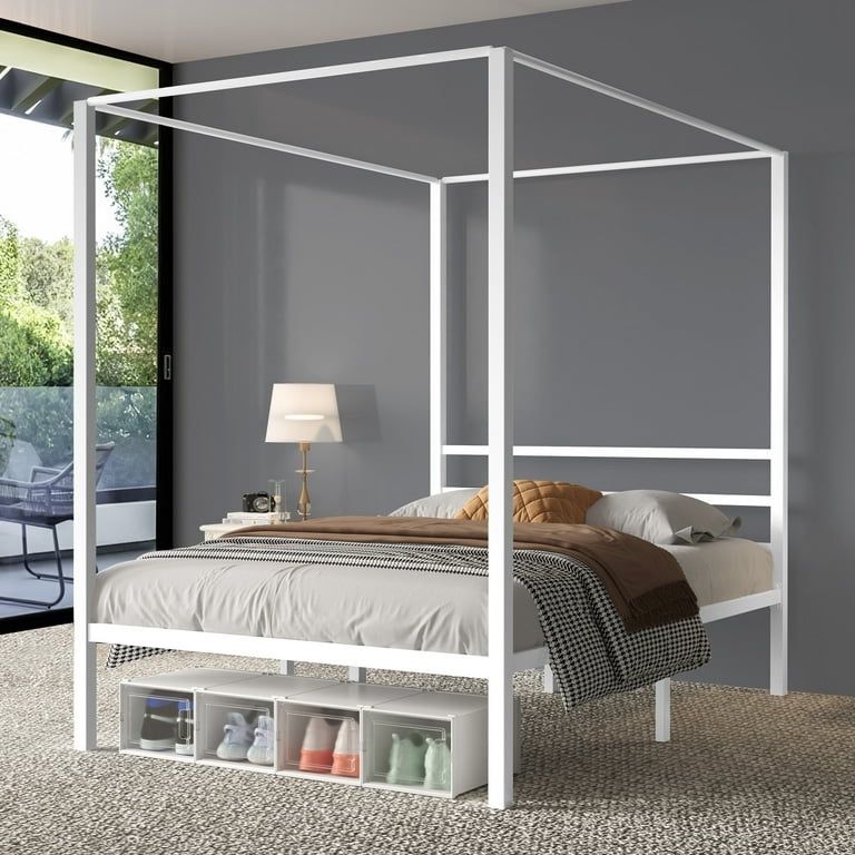 Full Size Metal Canopy Bed Frame 14 Inch Platform,No Box Spring Needed, White