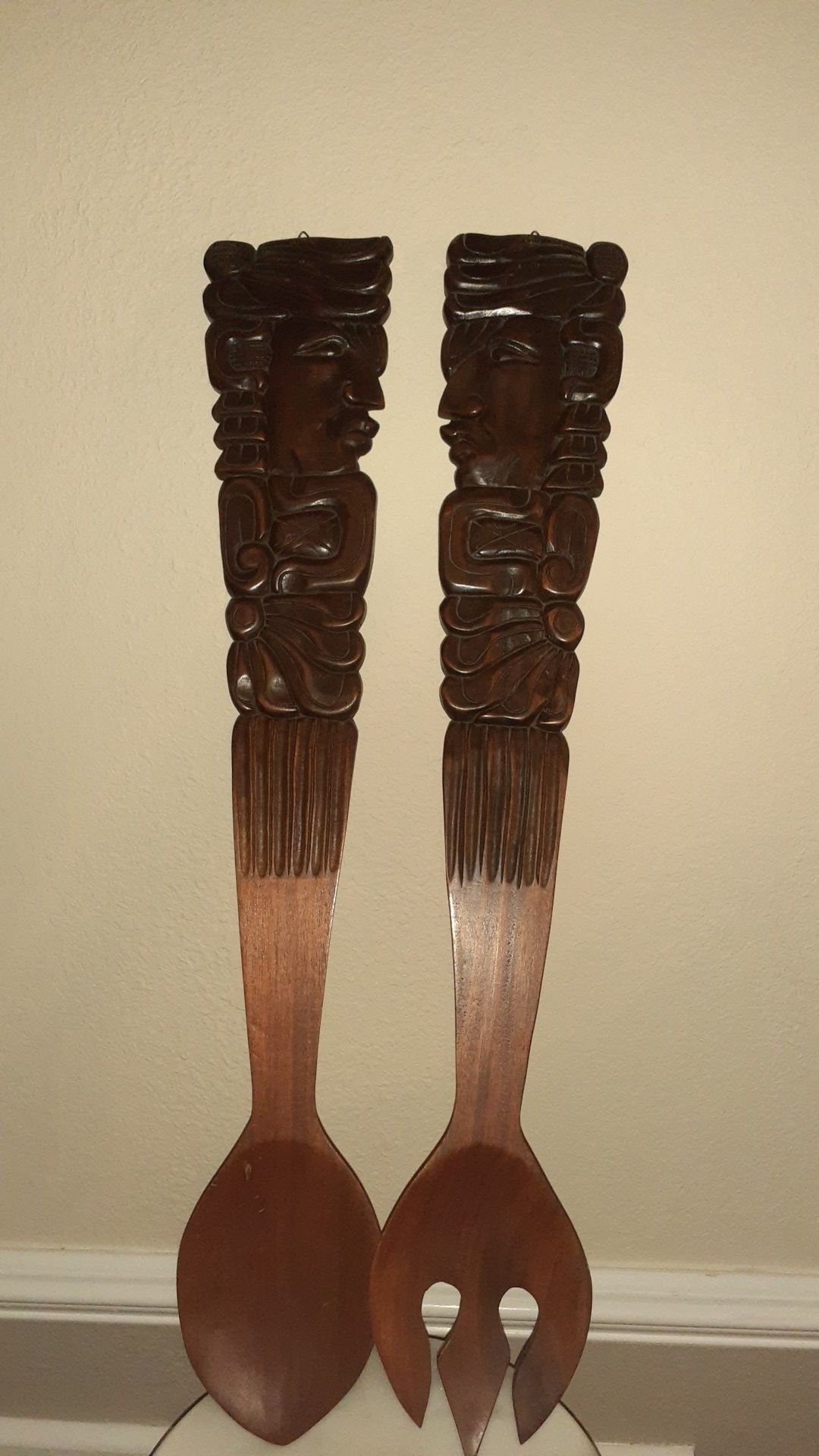 33"hand- carved wood fork &spoon