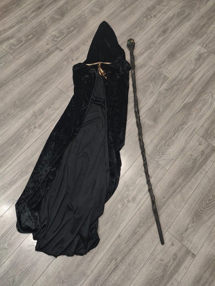 Halloween Costume - Maleficent Hooded Cape And Magic Staff