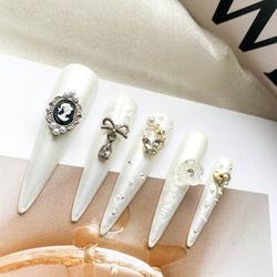  Handmade White Press-on Nails with Sparkling Rhinestones, Beads and Small Flower Decorations