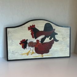 Hand Painted Chickens On Wood Plaque