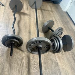BOLLINGER VINTAGE Standard Set: 6 ft Bar, 4 ft Curl Bar, DB Bars and Cast Iron Weight plates: 25s, 10s, 5s and 2.5s (Total: 191 lbs)  