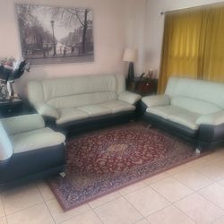 Leather Couches. 3 Pc Set With 3 Glass Tables. Lt Jade/black