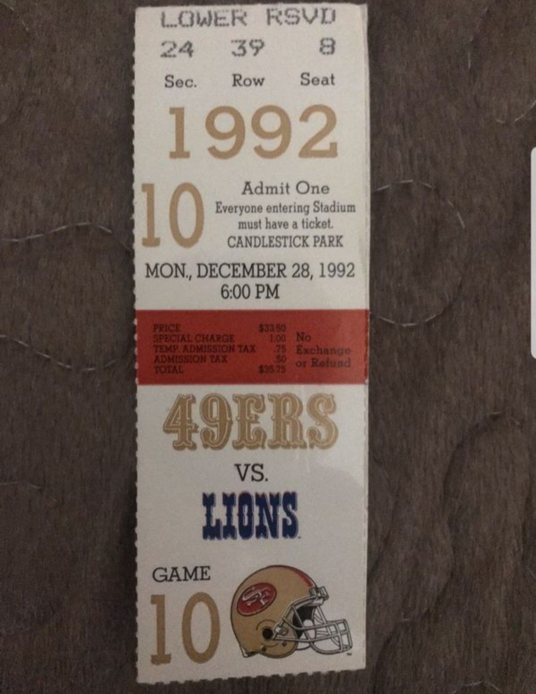 Detroit Lions San Francisco 49ers 1992 ticket Joe Montana Last Final Career Game