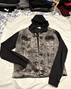 Acid Wash Denim Jacket with Hood - Large