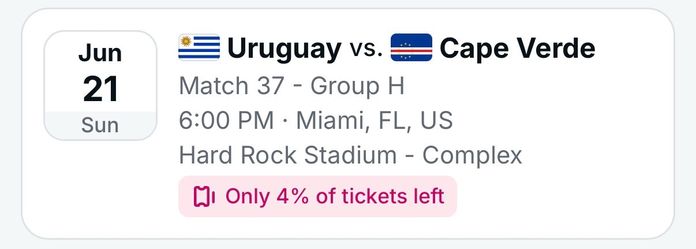 2 Tix Uruguay vs Cape Verde World Cup, Miami