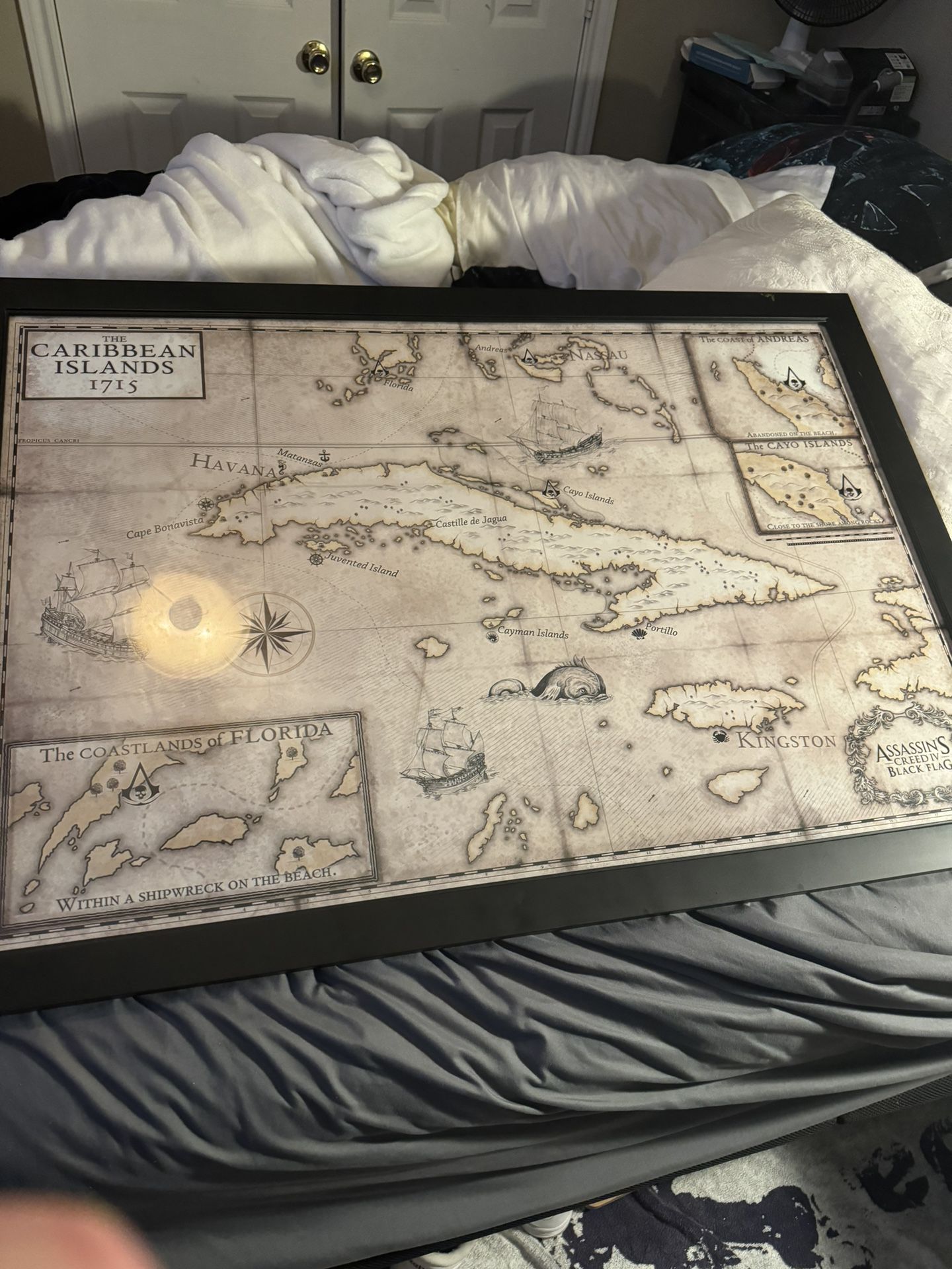 big framed in glass Assassins Creed map  