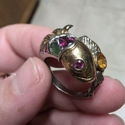 Sterling Silver & Gold Over Sterling Rubelite Garnet Citrine & Emerald Fish Ring Size 8