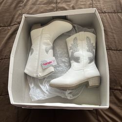 New Kensie Girl Zip, Up Low Heel Faux Leather Cowgirl Boots, White-Size: 12