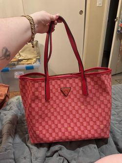 GUESS Pink-Red Checkerboard Tote with matching zipper pouch