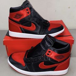 Jordan 1 Retro High OG Satin Bred, Size 11.5 in Women’s (Size 10 in men’s) with extra red shoelaces