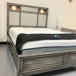 Queen • King • California King Gray Wooden Bed Frame With Fabric Headboard & Lighted Shelves 