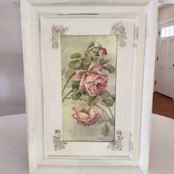 Vintage Christie REPASY pink ROSES Print in SHABBY wide wood frame w/appliqués- Shabby Chic