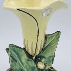 1940's Vtg McCoy Art Pottery Single White Calla Lily Green Leaf Vase Planter 8”
