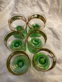 Set of 6 Green Glass Wine Glasses with Gold Rim