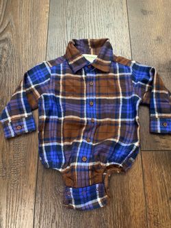 Boys brown and blue flannel plaid button shirt size 6/9 months Bass Pro Shop #13