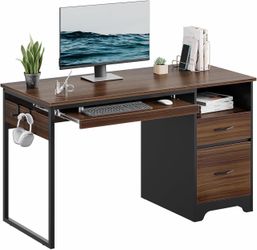 2410b $135 Bestier 48” Computer Desk with Drawers, Office Desk with Storage, Industrial Wood Writing Desk with File Drawer, Keyboard Tray & 2 Hooks fo