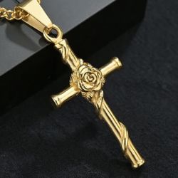 Crucifix Pendant Chain New Gold Flower 