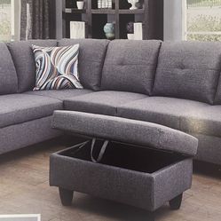 Modern Style Grey Linen Sectional Couch And Ottoman