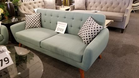 Brand new teal or grey midcentury 82" sofa + 2 accent pillows