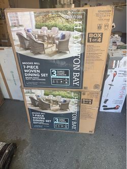 Shop Hampton Bay. Brooke Mill Brown Metal 7-Piece Wicker Outdoor Dining Set with CushionGuard Putty Tan Cushions