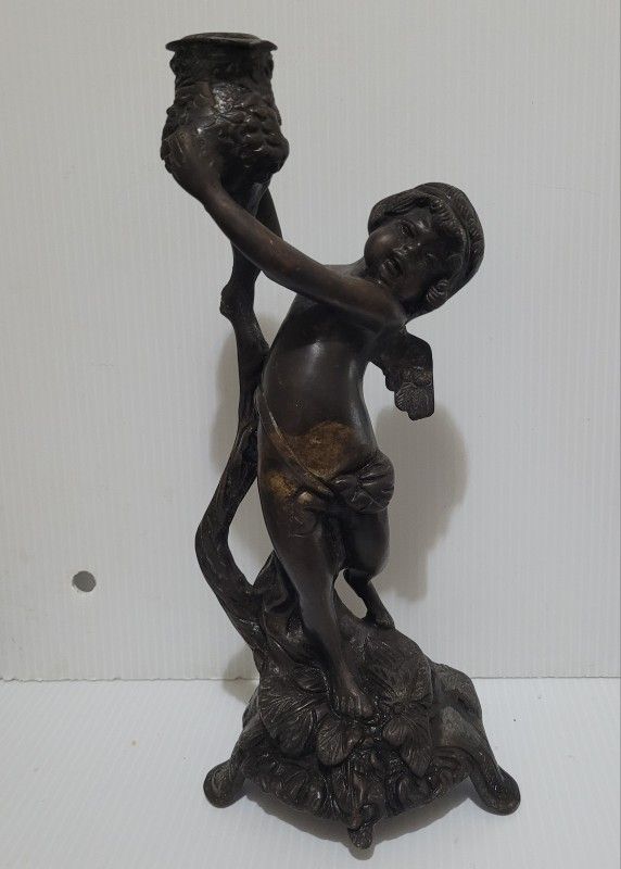Vintage Cherub Angel Candle Holder Antique Bronze 12" Tall.
