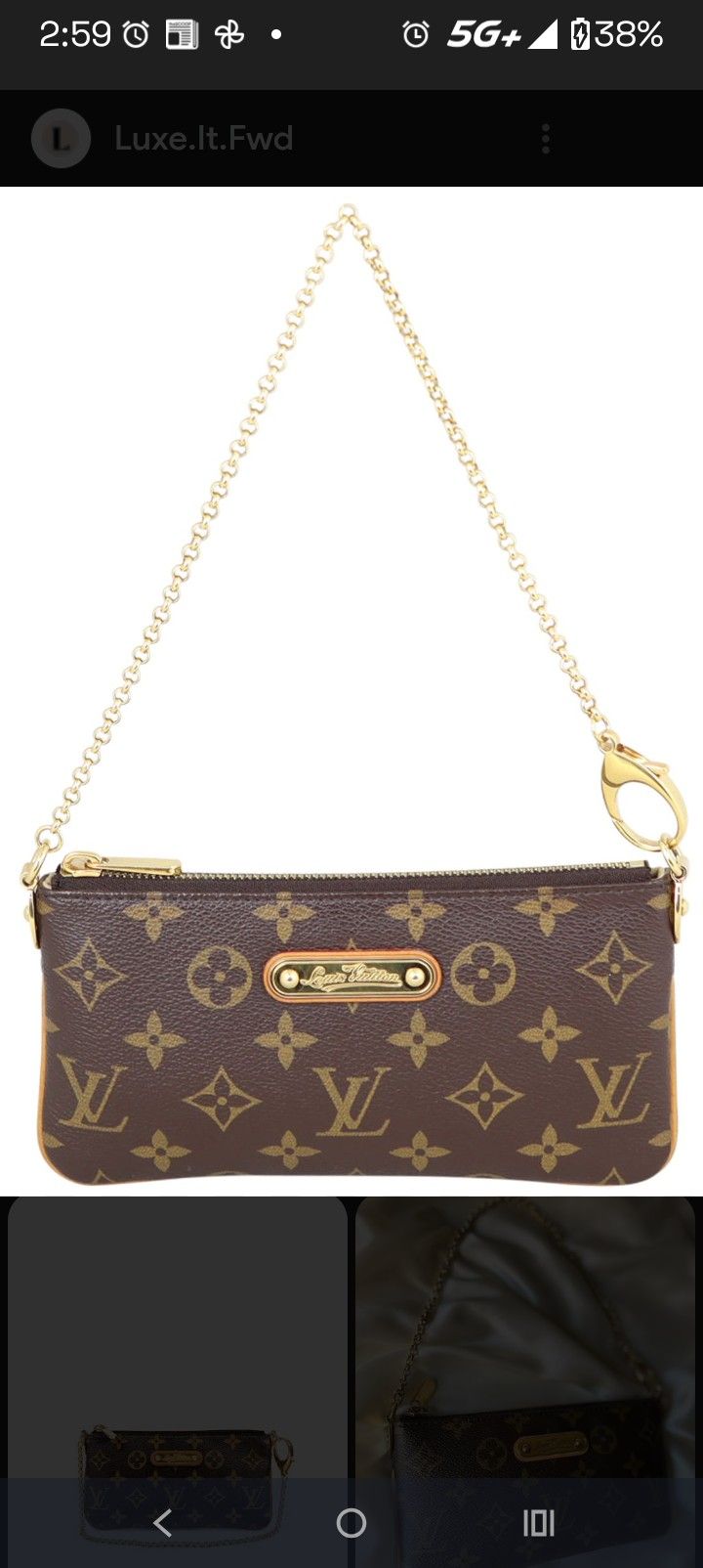 Louis Vuitton Monogram Pochette Milla MM clutch in monogram canvas with a gold-toned chain strap.
