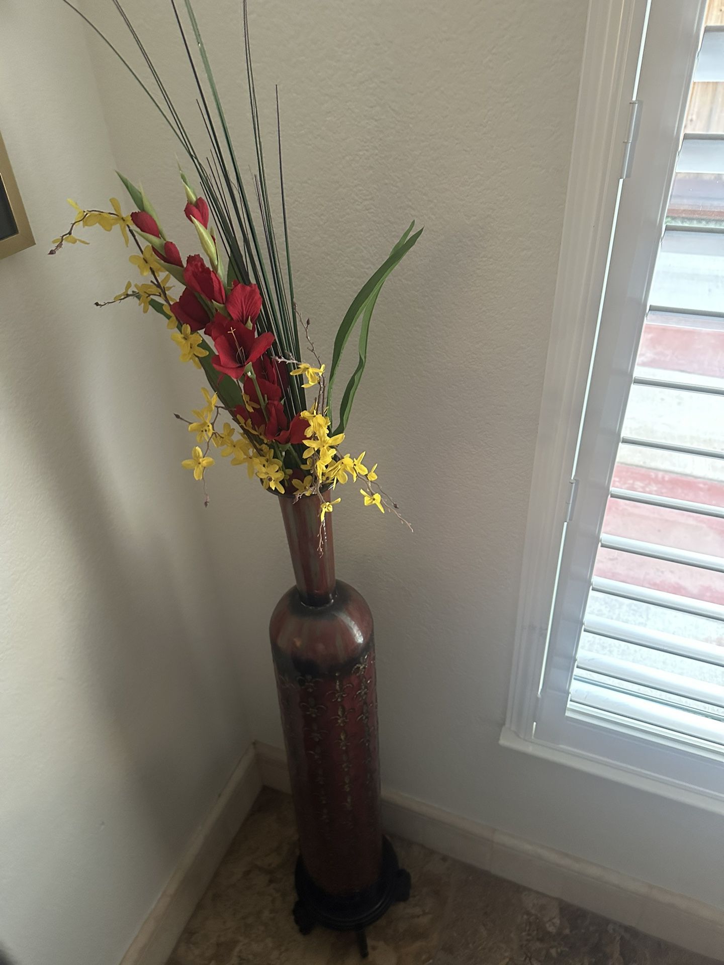Metal Vase With Flowers And Wood Stand 