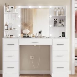 Large Makeup Vanity, 42.1" Vanity Desk with Mirror and Lights, Makeup Vanity Table with 7 Drawers, 4 Shelves, 5 Jewel Hooks & Power Strip, Vanity Desk