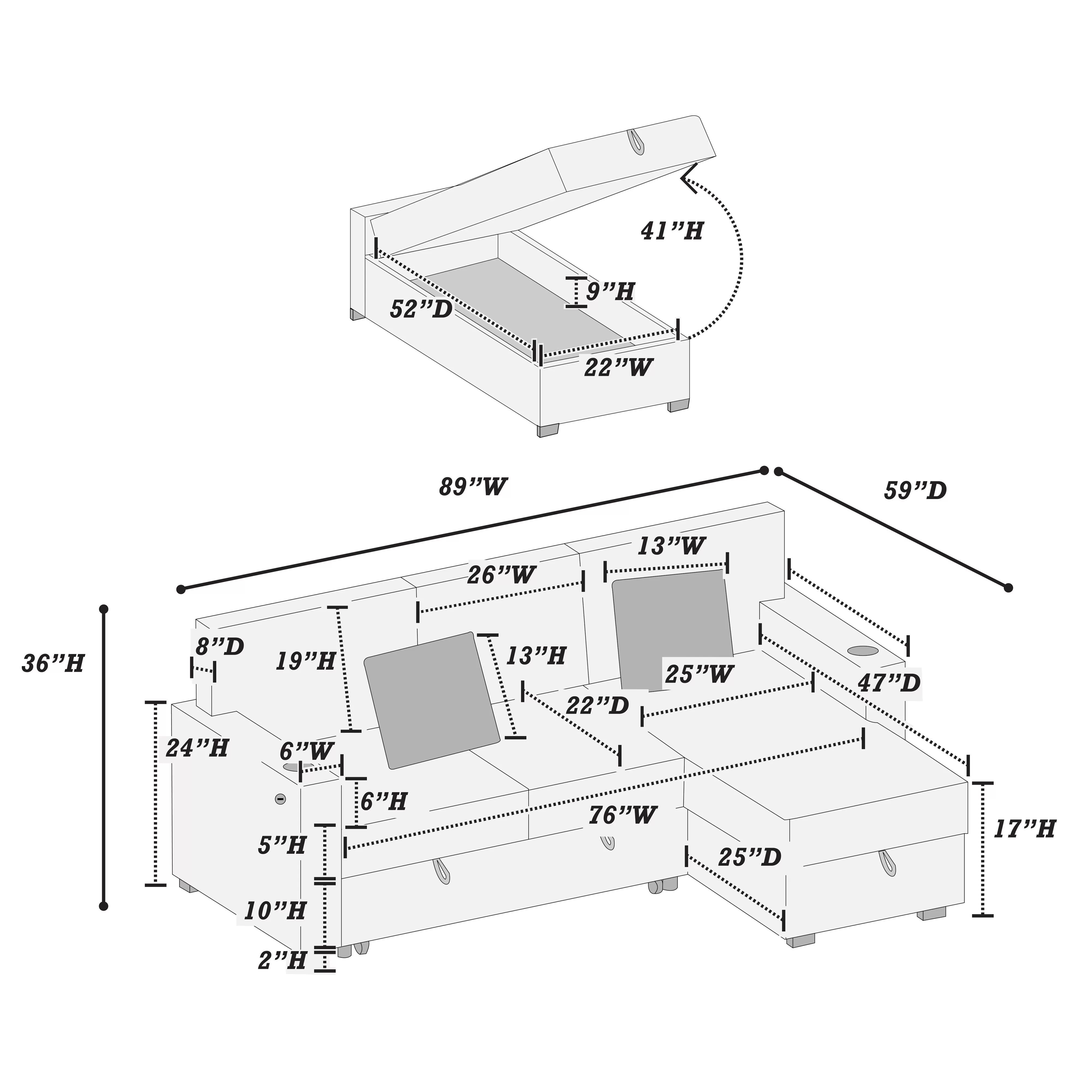 Brand New Black/Gray/Brown/Biege Corduroy Reversible Storage Chaise W/ Cup Holder & USB & USB C Port (89 x 34 x 36H)