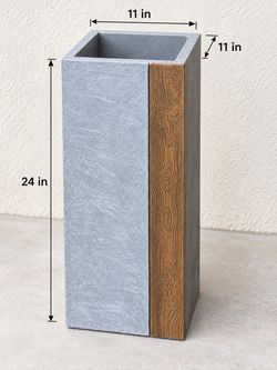 Lightweight Concrete Tall Modern Square Outdoor Planter 24 Inch Tall, Timber Ridge