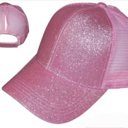 Pink Women's Glitter Ponytail Trucker Hat