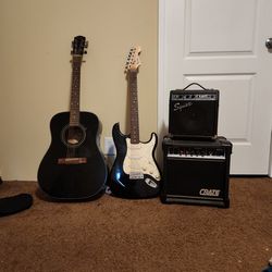 Electric And Acoustic Guitars W/ 2 Amps