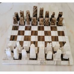Carved Tan & White Onyx Aztec Marble Chess Set 14"
