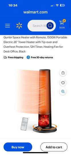 Qunler Space Heater with Remote, 1500W Portable Electric 26" Tower Heater with Tip-over and Overheat Protection, 12H Timer, Heating Fan for Desk Offic