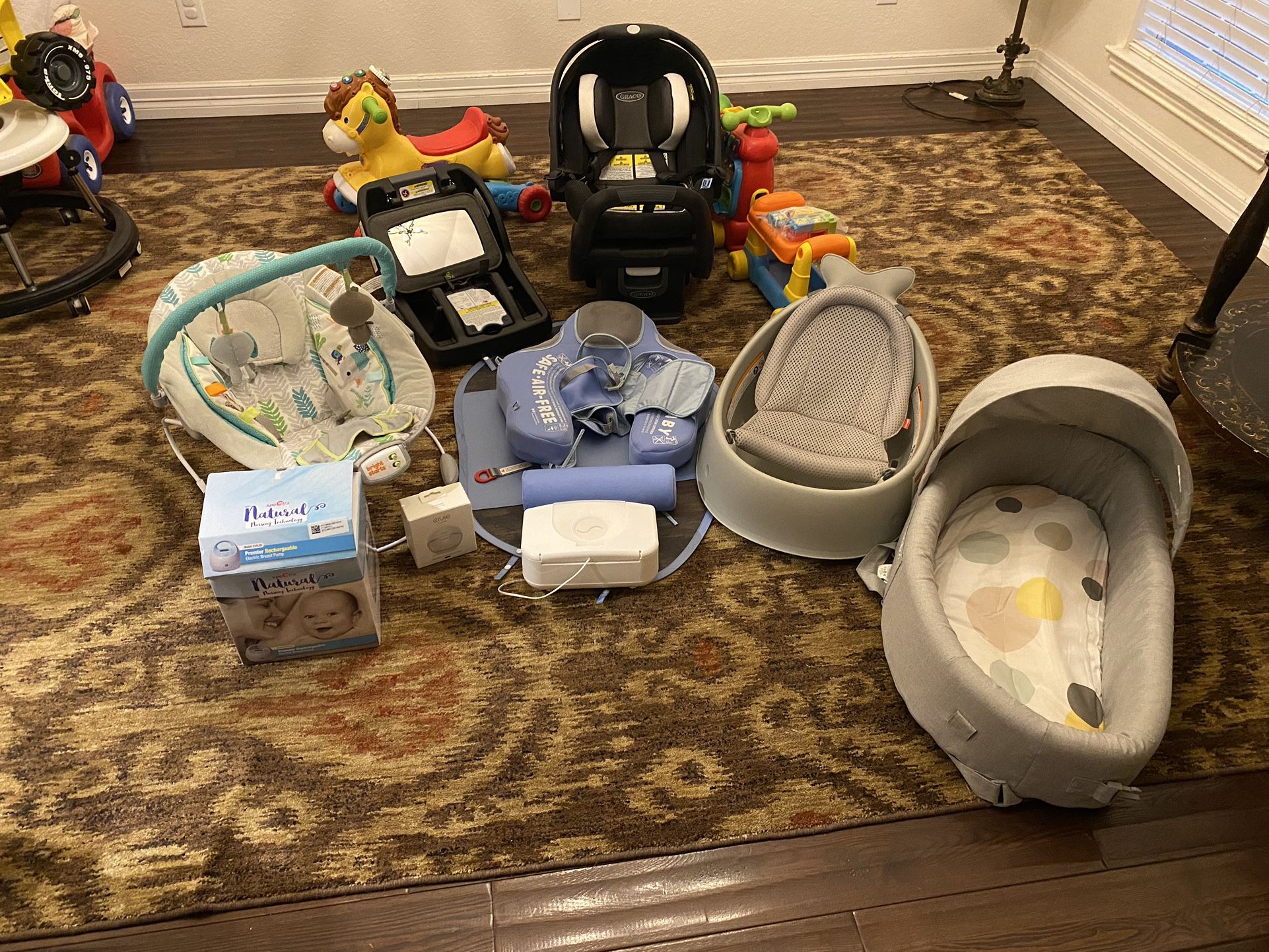 Baby Essentials - Car Seat, Rocker, Toys