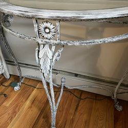 Vintage Metal Distressed Table , Glass Top 